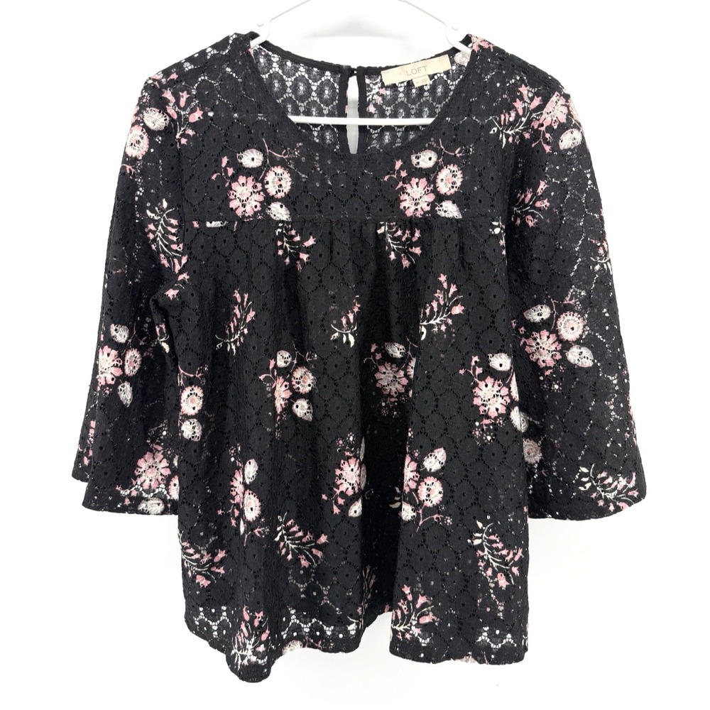 Loft Black Pink Floral Sheer Lace Eyelet Whimsy Goth Top Dainty Boho Women M EUC